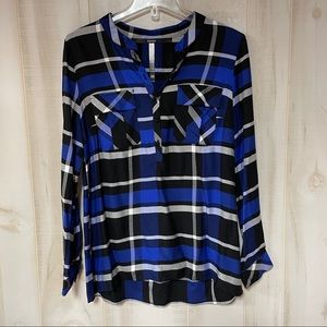 NWT Kensie Black and Blue Plaid Button Down Tunic Top Sz M